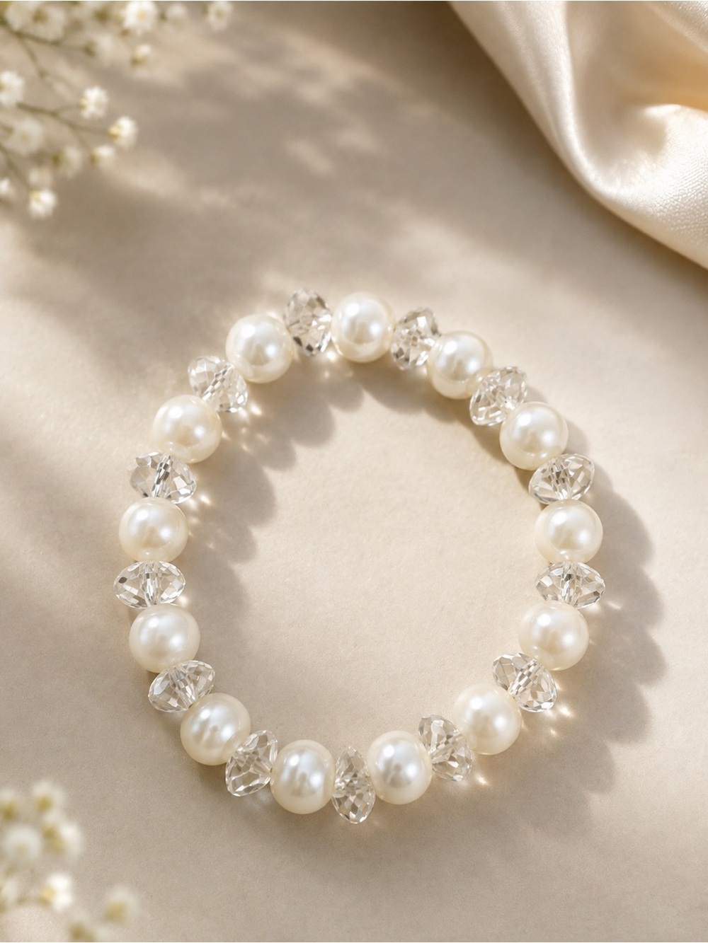 Classic Pearl and Crystal Stretch Bracelet - Ivory